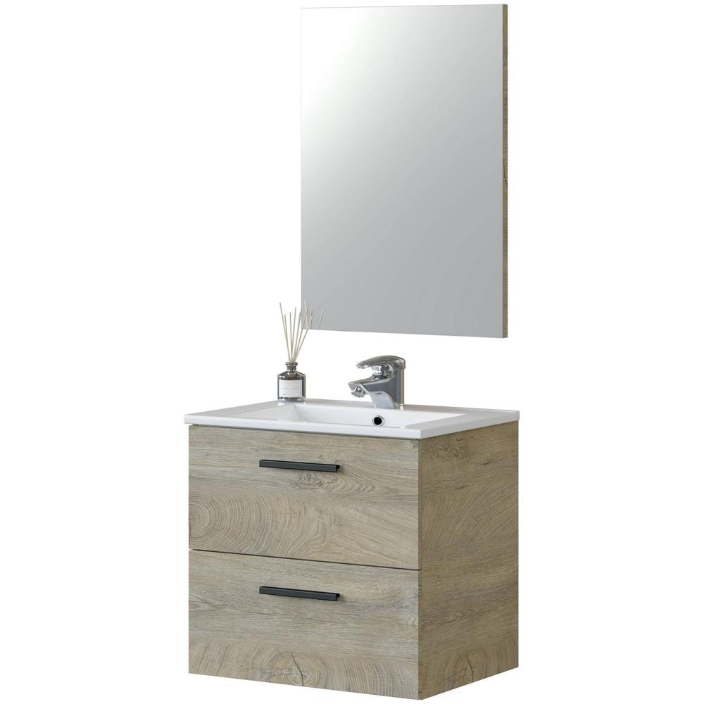 Mobile Sottolavabo Fontana, Mobiletto Per Bagno A 2 Cassetti, Armadietto Sospeso Con Specchio, Lavabo Non Incluso, 60x45h57 Cm, Rovere - Foto 4