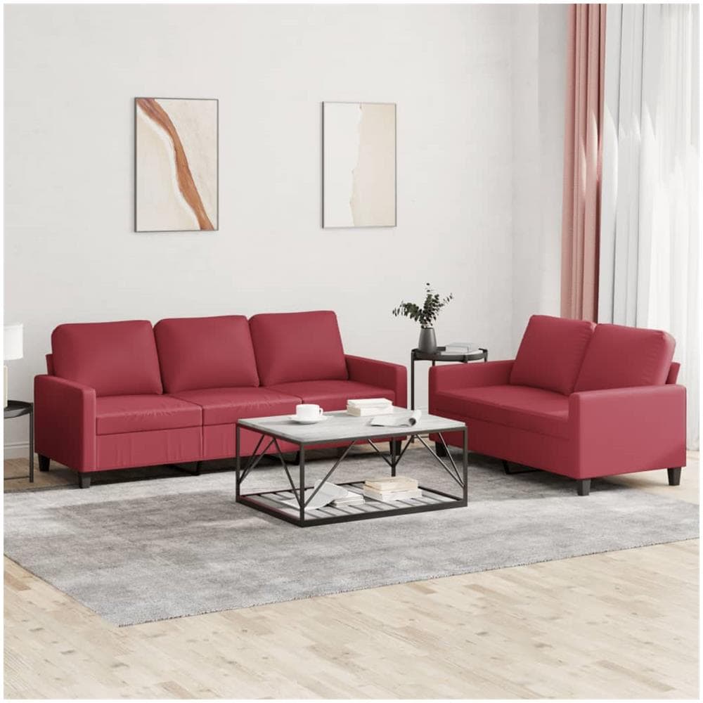 Set Di Divani 2 Pz Con Cuscini Rosso Vino In Similpelle - Foto 1