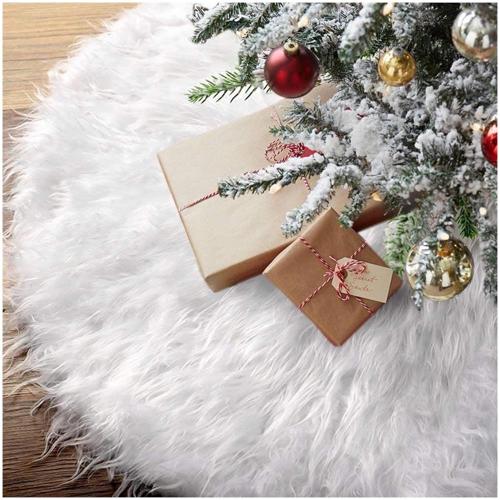 Tappeto Copribase Albero Di Natale Bakaji - Diametro 80cm, Peluche Bianco Effetto Neve Con Fiocchi Argento