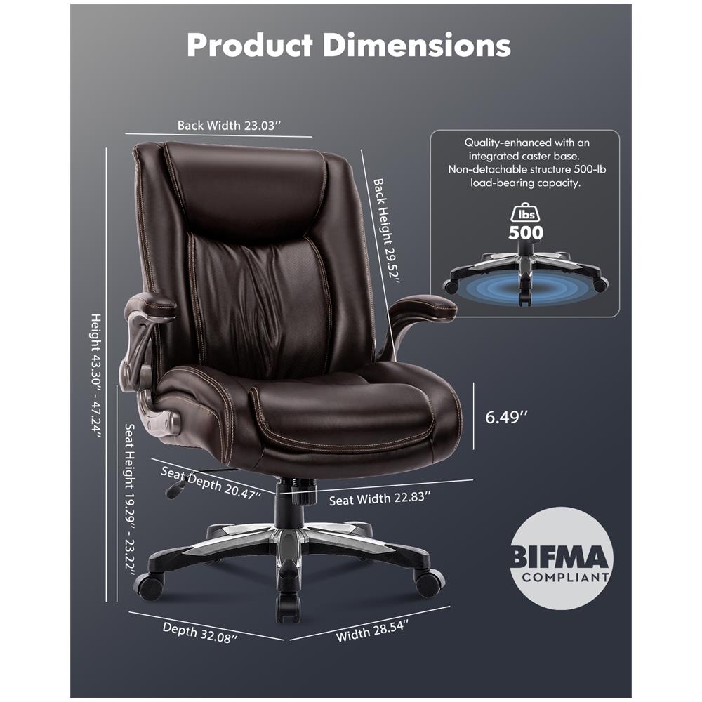 Sedia da ufficio grande e alta Sedia da direttore resistente con schienale alto e braccioli ripiegabili, ideale per il home office, marrone - Foto 1