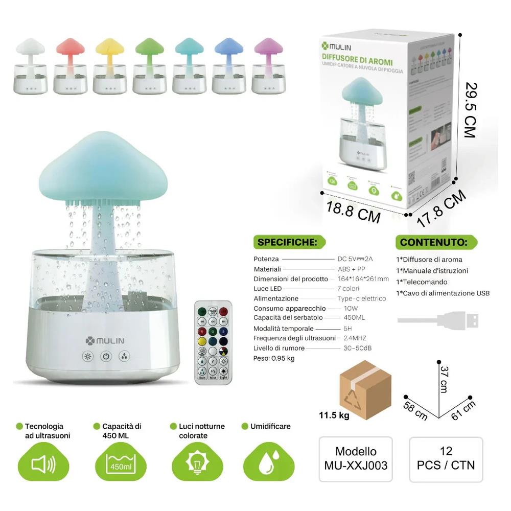 Diffusore Aromi 7 Colori Led Umidificatore Nuvola Pioggia Aromaterapia 450ml - Foto 2