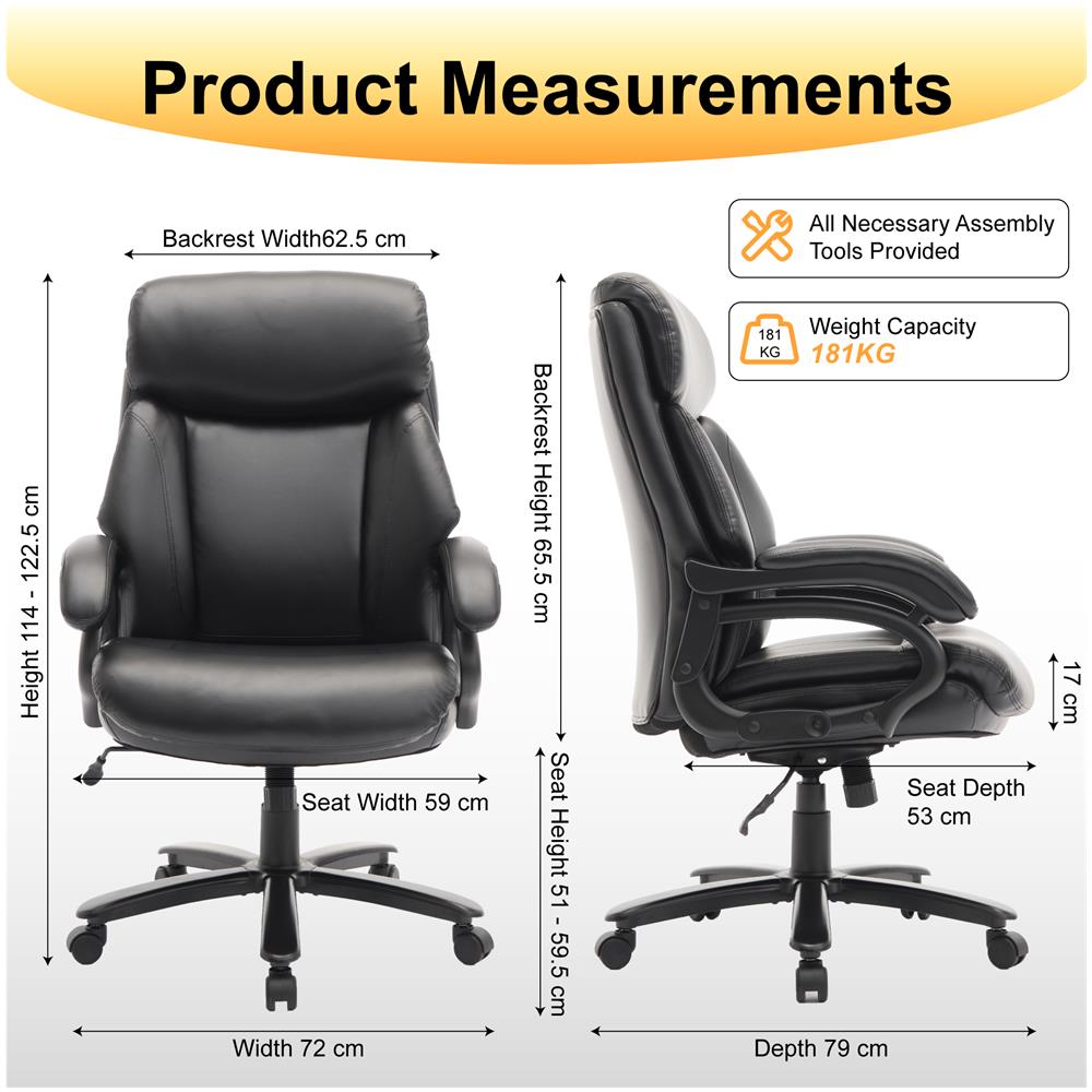 Poltrona Direttoriale In Ecopelle, Sedia Da Ufficio Ergonomica Con Braccioli Regolabili, Schienale Profilato E Seduta Extra Larga, Nero - Foto 2