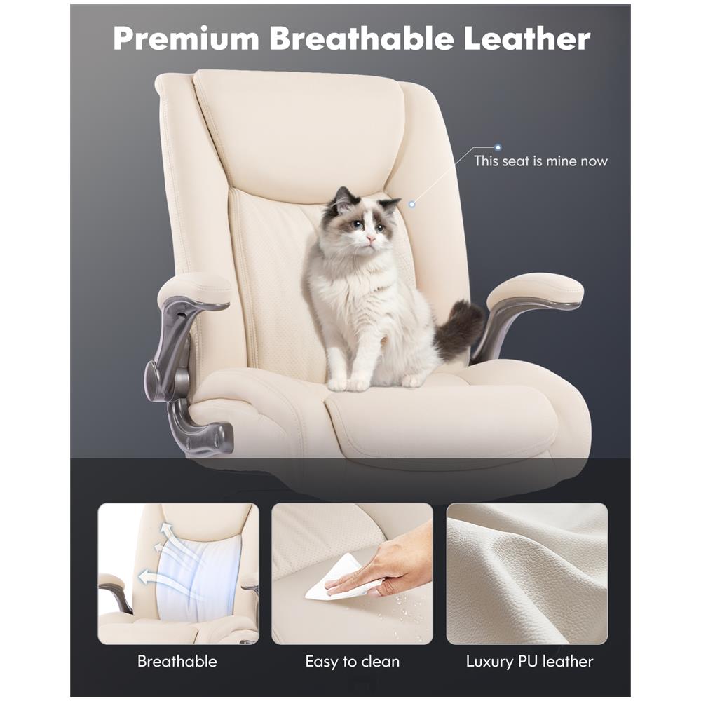 Grande e alto ufficio Sedia da direttore resistente con schienale alto e braccioli ripiegabili, ideale per il home office, beige - Foto 2