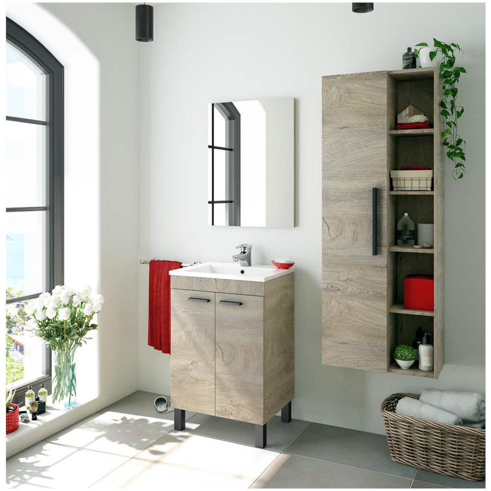 Mobile Sottolavabo Naperville, Mobiletto Per Bagno, Armadio A 2 Ante Con Specchio, Lavabo Non Incluso, 50x40h80 Cm, Rovere - Foto 1