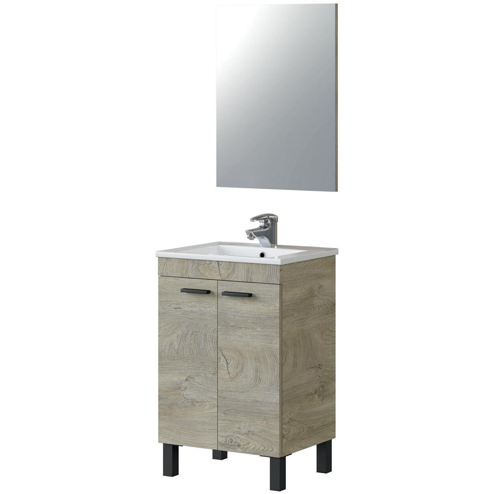 Mobile Sottolavabo Naperville, Mobiletto Per Bagno, Armadio A 2 Ante Con Specchio, Lavabo Non Incluso, 50x40h80 Cm, Rovere - Foto 2