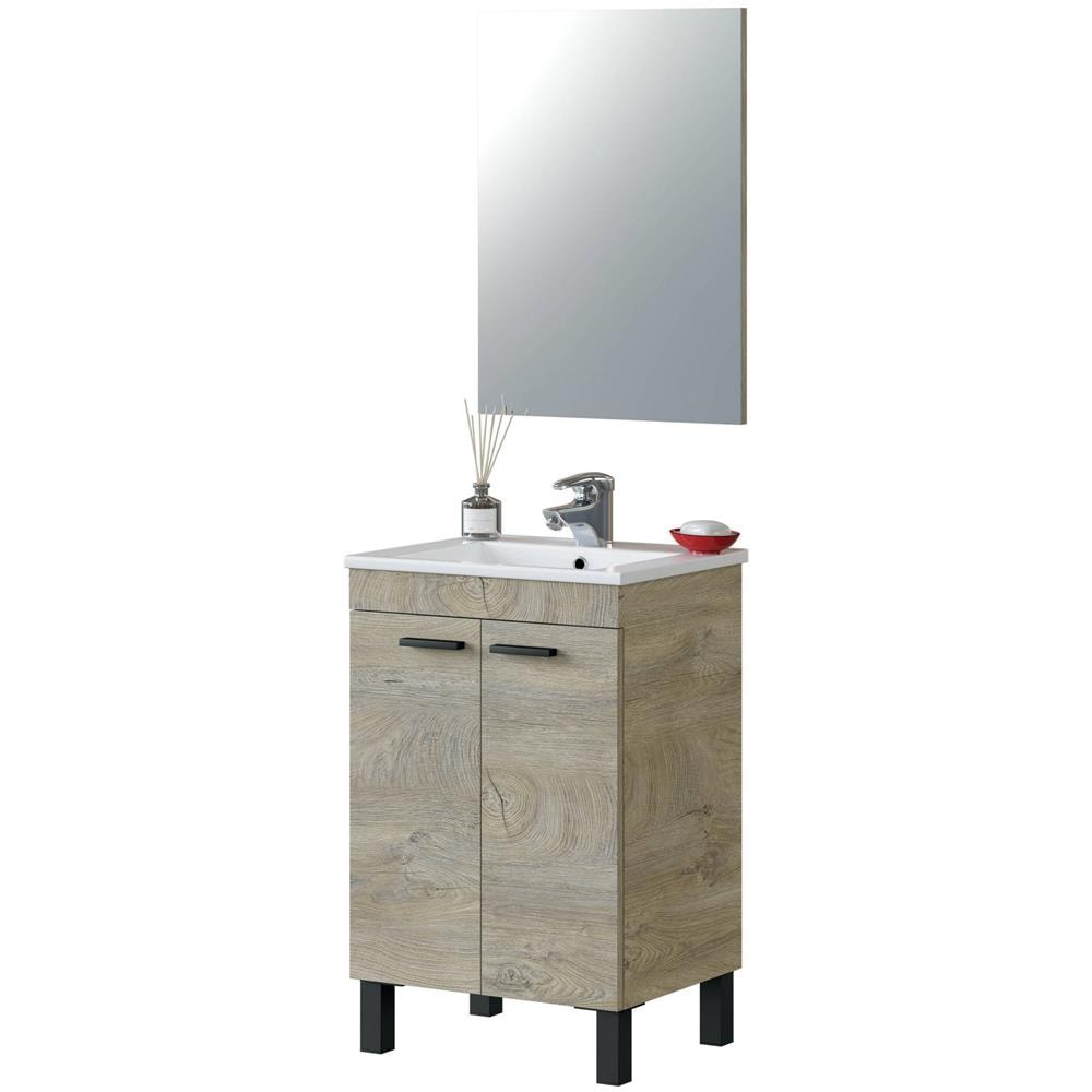 Mobile Sottolavabo Naperville, Mobiletto Per Bagno, Armadio A 2 Ante Con Specchio, Lavabo Non Incluso, 50x40h80 Cm, Rovere - Foto 4