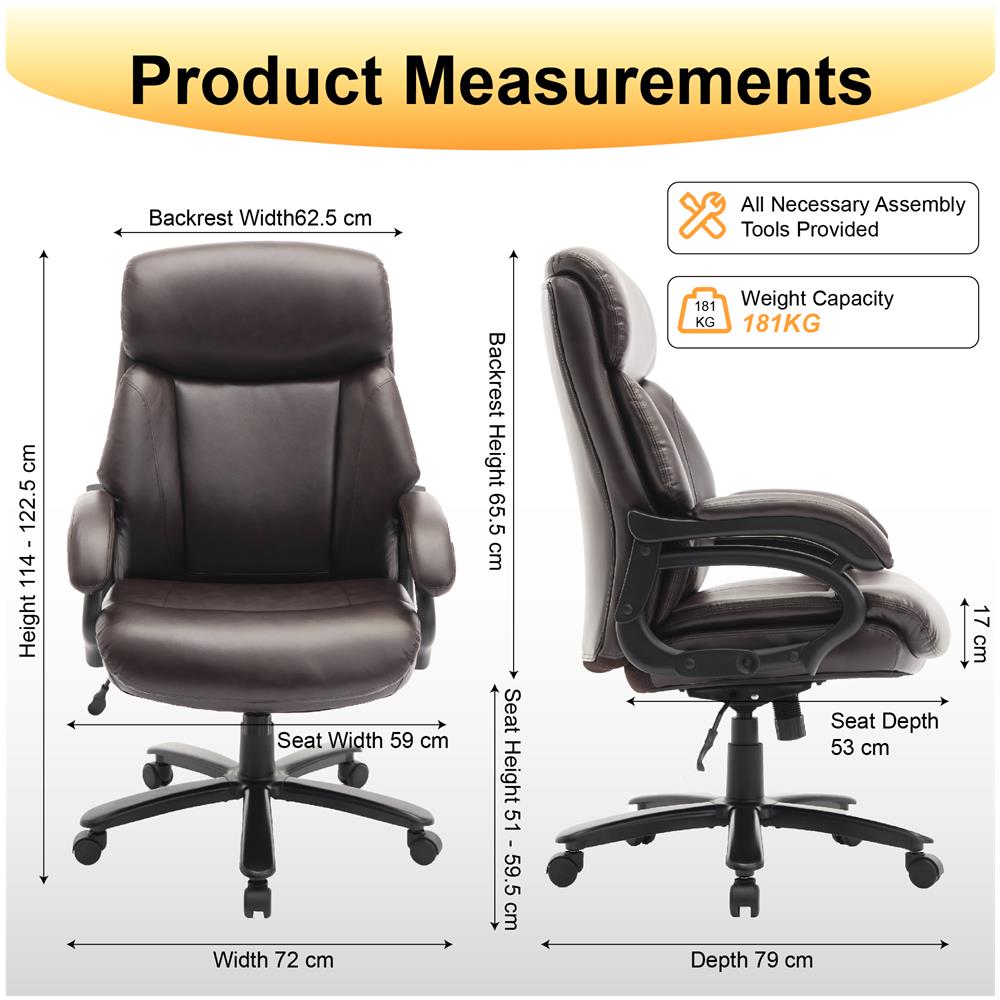Poltrona Direttoriale In Ecopelle, Sedia Da Ufficio Ergonomica Con Braccioli Regolabili, Schienale Profilato E Seduta Extra Larga, Marrone - Foto 2
