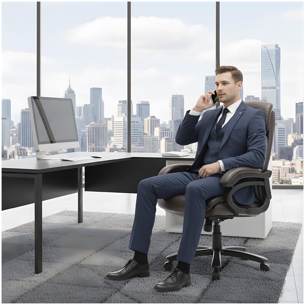 Poltrona Direttoriale In Ecopelle, Sedia Da Ufficio Ergonomica Con Braccioli Regolabili, Schienale Profilato E Seduta Extra Larga, Marrone - Foto 8