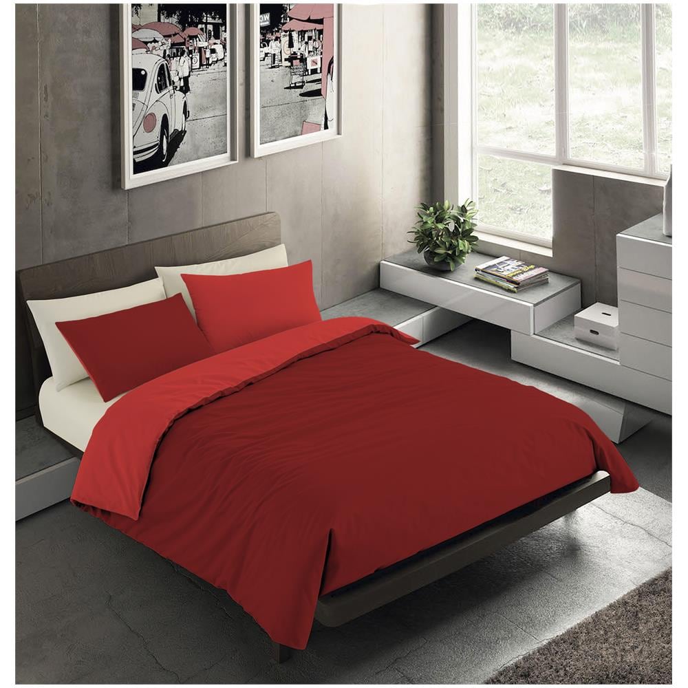 Set Copripiumino Bicolor 100% Microfibra Con Federa Double Face - Matrimoniale 250x200 Cm - Bordeaux / rosso - Foto 1