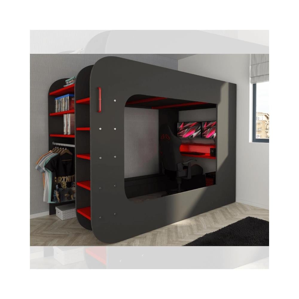 Letto A Soppalco 5000 Con Postazione Gamer Reversibile Antracite Rosso - Foto 1