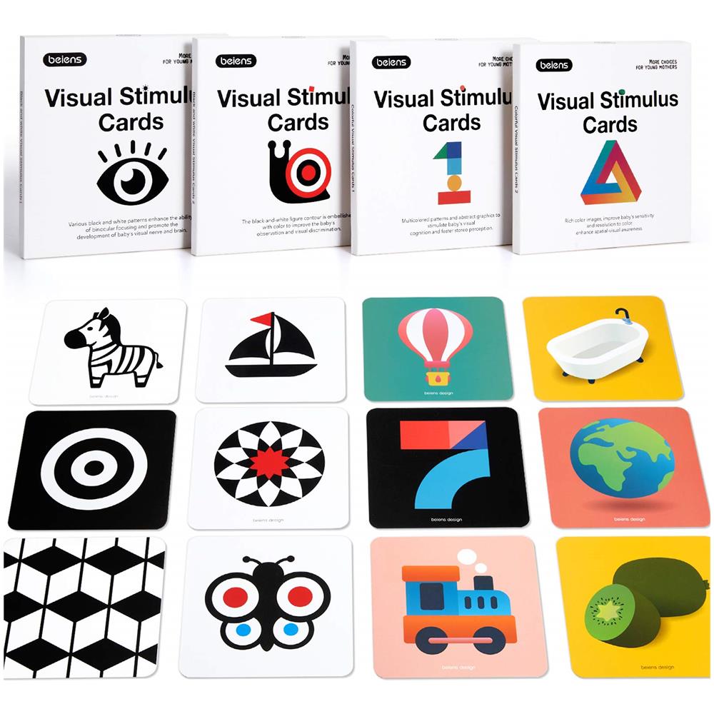 Flashcard Per Bambini Ad Alto Contrasto, 80 Pezzi 160 Pagine Nero Bianco Colorato Stimolazione Visiva Scheda Di Attività Di Apprendimento Per Bambini Di Età 0-3-6-12-36 Mesi, 55 X 55 Neonati Giocattoli Regalo - Foto 2