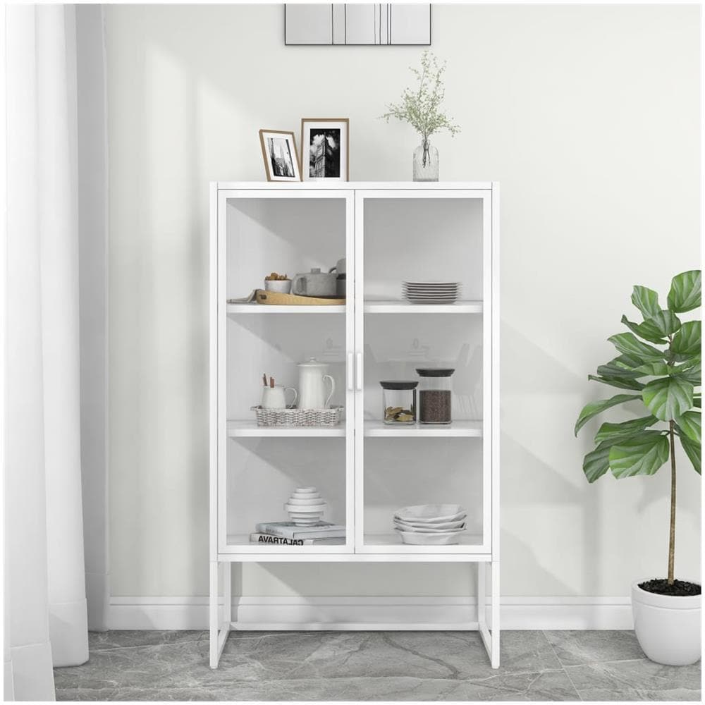 Credenza Alta Bianca 80x35x135 Cm Acciaio E Vetro Temperato - Foto 1