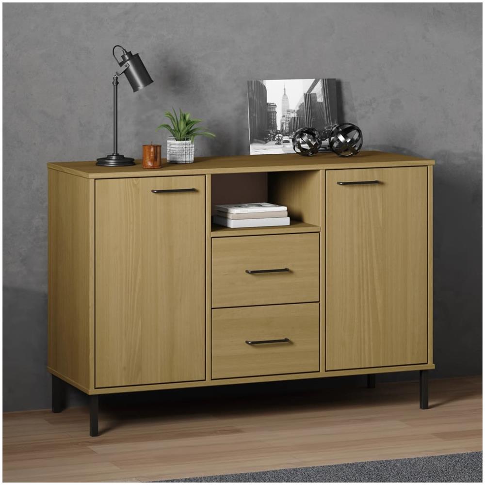 Credenza Gambe Metallo Marrone 113x40x77 Cm Legno Massello Oslo - Foto 1