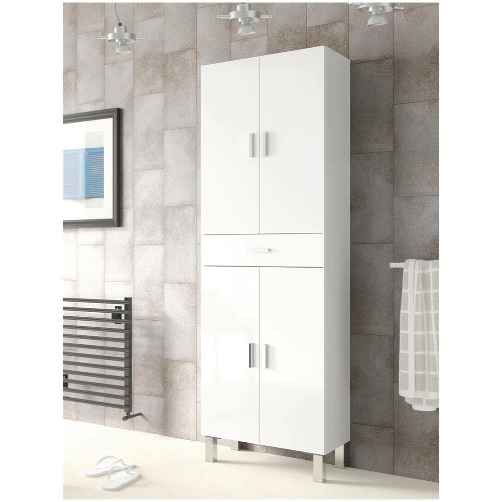 Armadio Multiuso Oxnard, Mobile Per Bagno O Lavanderia A 4 Ante E 1 Cassetto, Armadio Multiuso Portascarpe, 60x29h182 Cm, Bianco Lucido - Foto 1