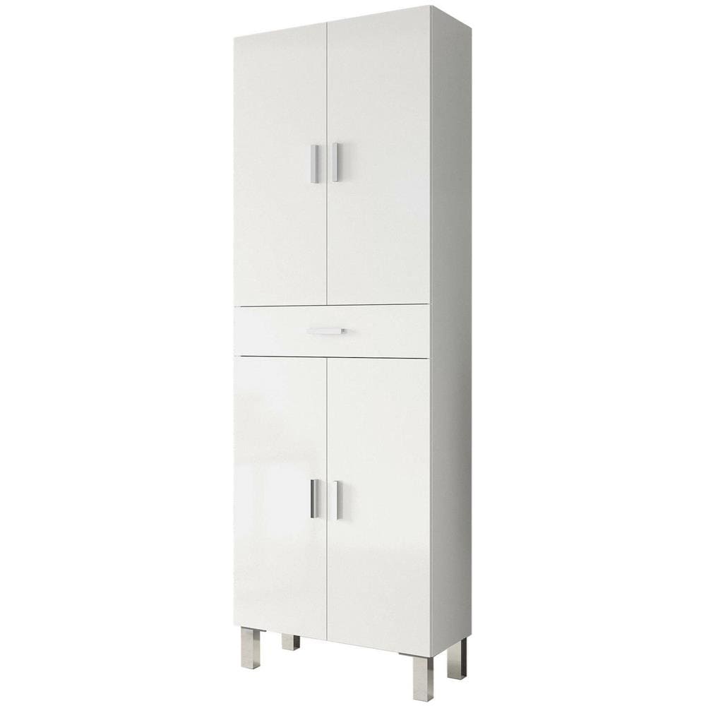Armadio Multiuso Oxnard, Mobile Per Bagno O Lavanderia A 4 Ante E 1 Cassetto, Armadio Multiuso Portascarpe, 60x29h182 Cm, Bianco Lucido - Foto 2