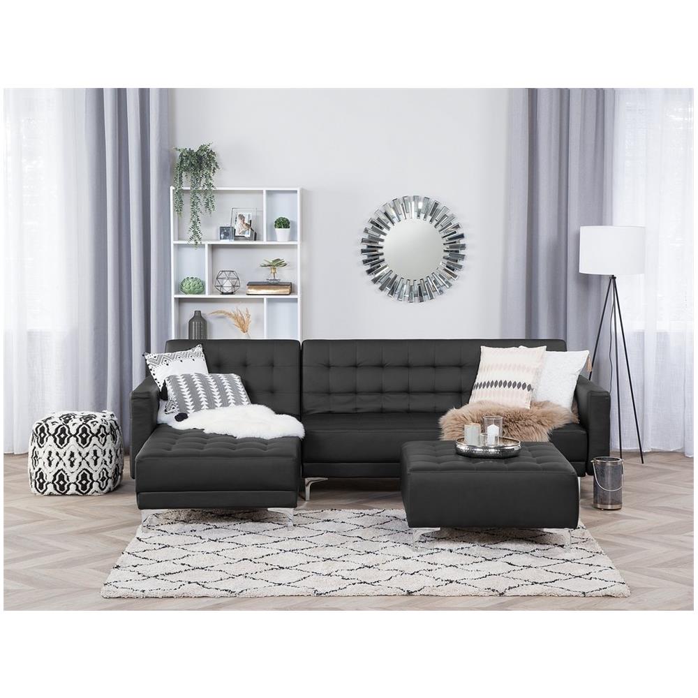 Divano Angolare Con Ottomana Aberdeen Nero Pelle Sintetica Destra - Foto 2