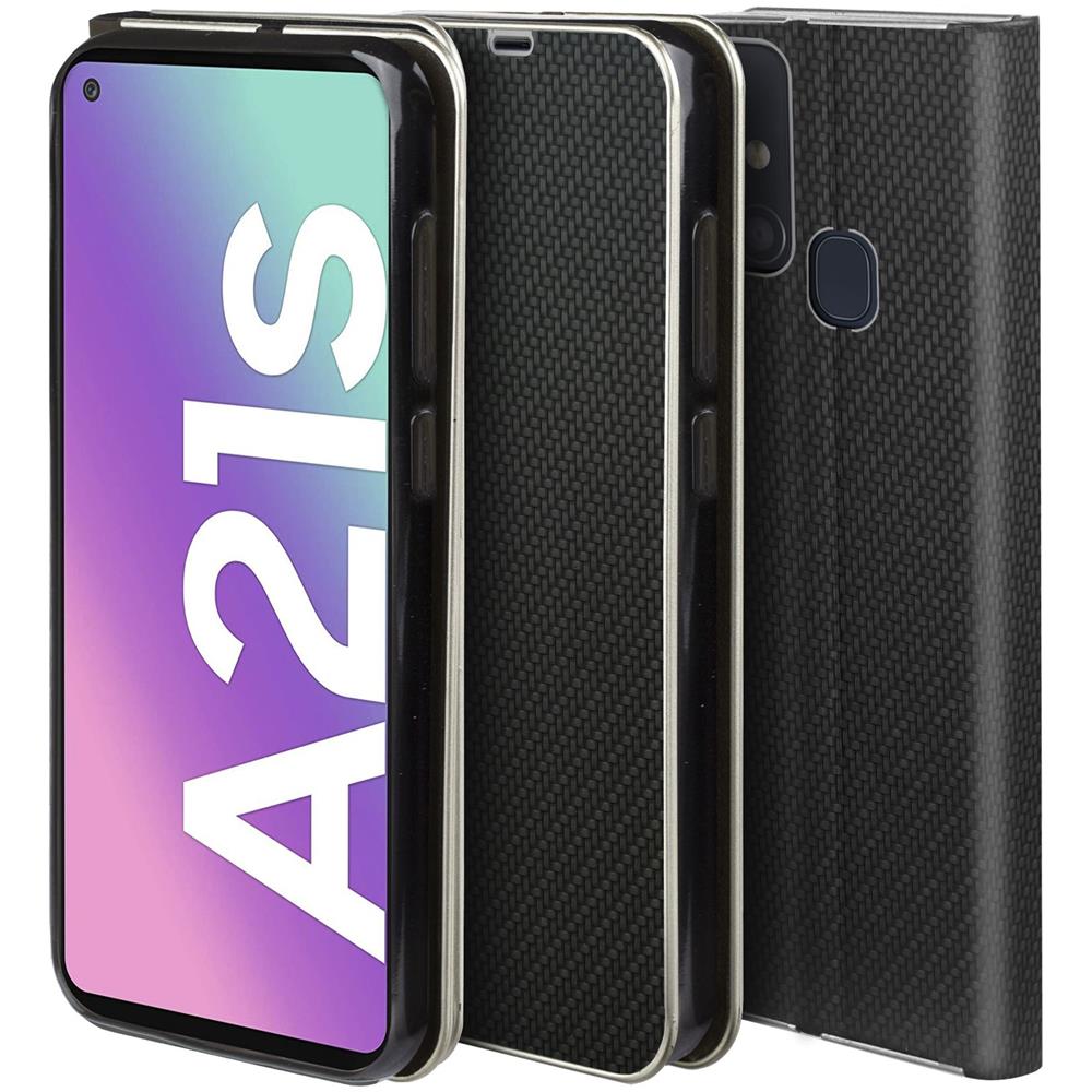 Custodia A Libro Per Samsung A21s, Carbonio Nera - Protezione Dei Bordi Metallici Flip Cover Portafoglio Con Appoggio E Porta Carte - Foto 2