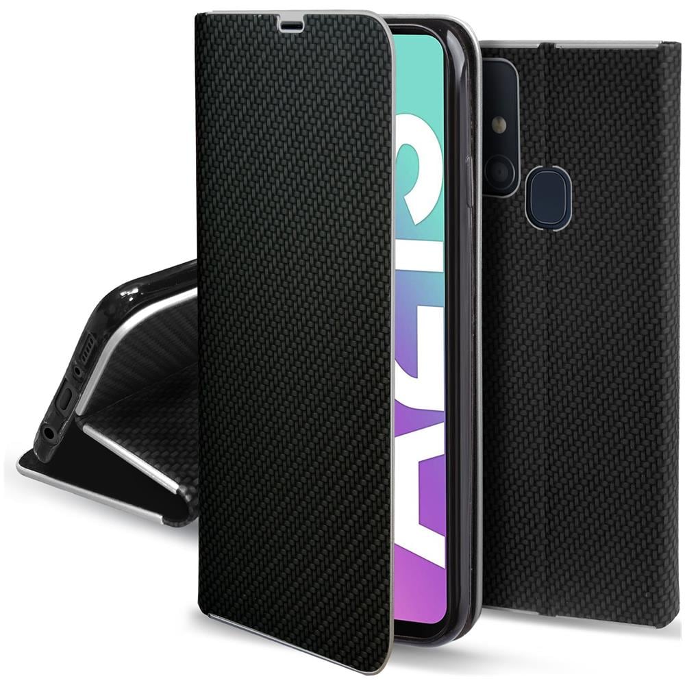 Custodia A Libro Per Samsung A21s, Carbonio Nera - Protezione Dei Bordi Metallici Flip Cover Portafoglio Con Appoggio E Porta Carte - Foto 1