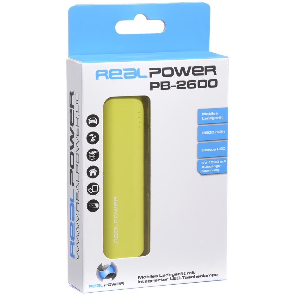 RealPower PB-2600, Polimeri di litio (LiPo) , USB, Verde, Universale - Foto 1