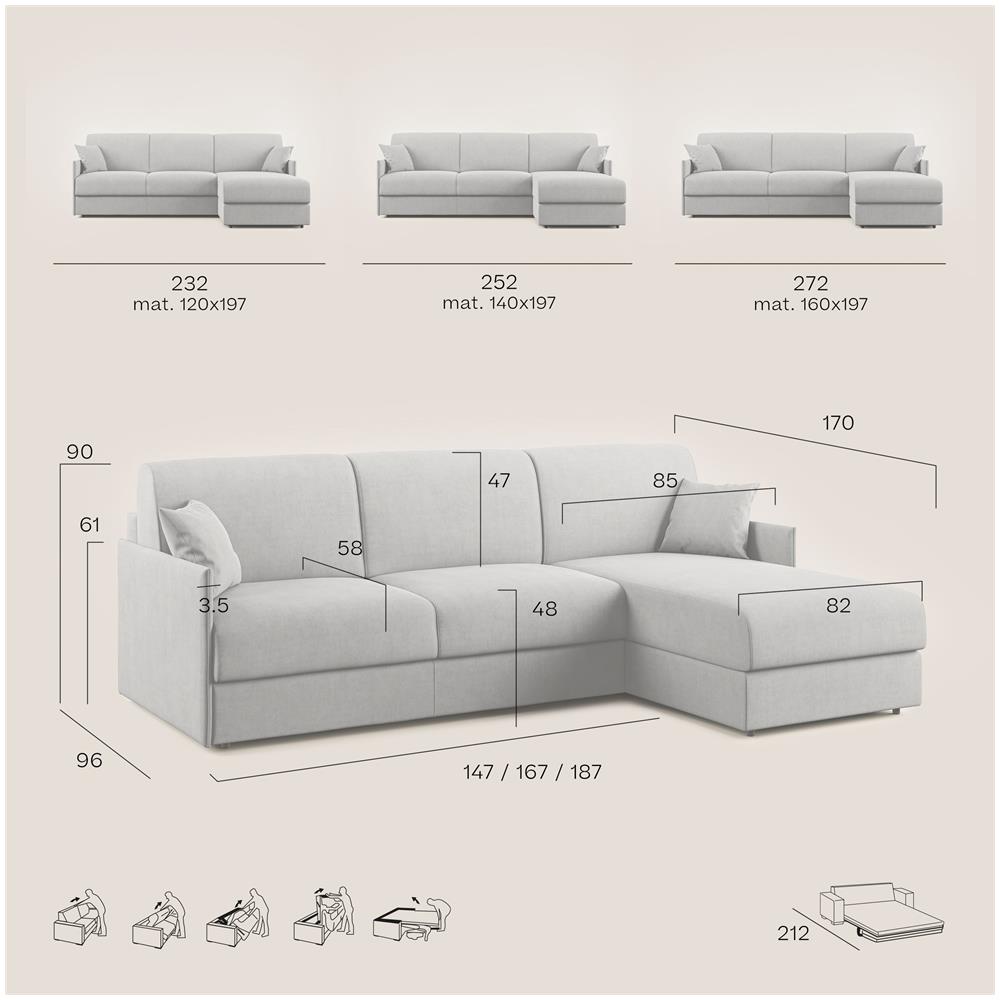 Evans Divano Letto Angolare Con Penisola In Morbido Tessuto Impermeabile T02 Grigio 232 Cm Destro (mat. 120x197) - Foto 8