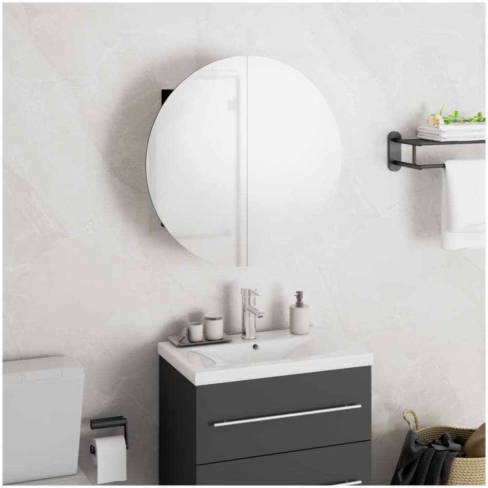 Armadio da Bagno con Specchio Rotondo e LED Nero 40x40x17,5cm - Foto 1