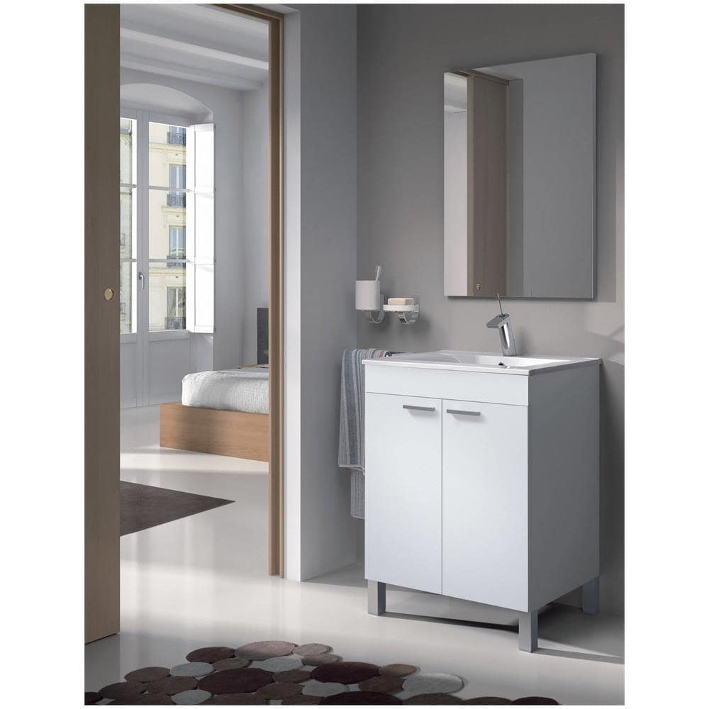 Mobile Sottolavabo Naperville, Mobiletto Per Bagno, Armadio A 2 Ante Con Specchio, Lavabo Non Incluso, 60x45h80 Cm, Bianco Lucido - Foto 1