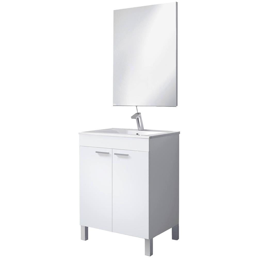 Mobile Sottolavabo Naperville, Mobiletto Per Bagno, Armadio A 2 Ante Con Specchio, Lavabo Non Incluso, 60x45h80 Cm, Bianco Lucido - Foto 2