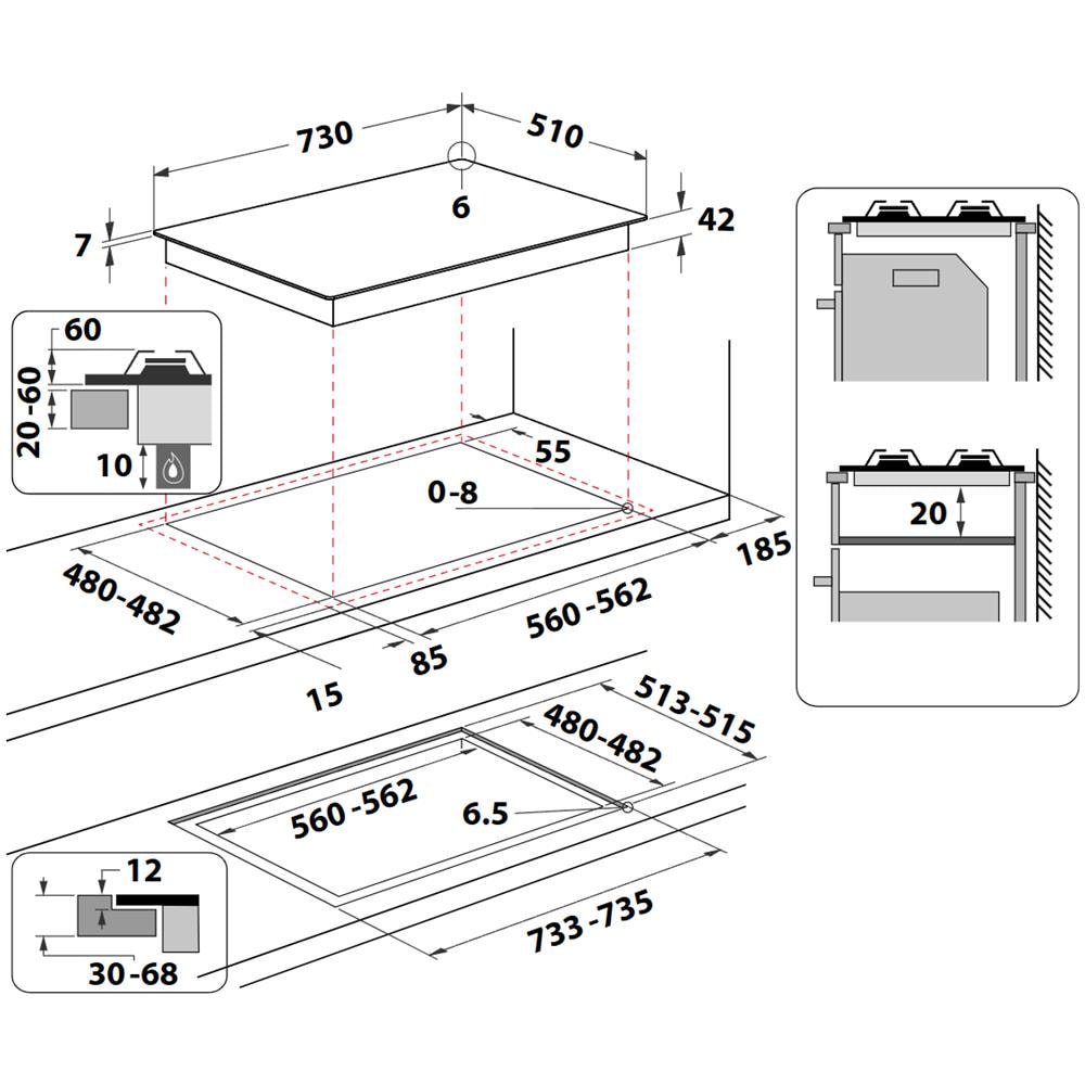 ING 72T /BK 1 piano gas vetro nero 75cm 5 fuochi bruciatore doppia corona griglie in ghisa lavabili in lavastoviglie - Foto 6