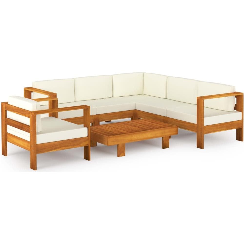 Set Divani Giardino 7 pz Cuscini Bianco Crema in Legno d'Acacia - Foto 1