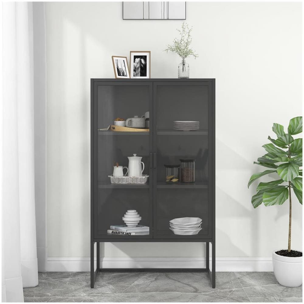 Credenza Alta Antracite 80x35x135 Cm Acciaio E Vetro Temperato - Foto 1