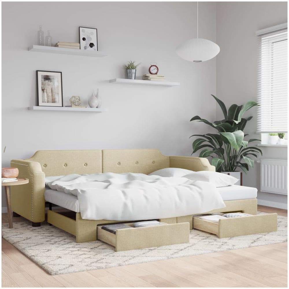 Divano Letto Estraibile Con Cassetti Crema 80x200 Cm In Tessuto - Foto 1