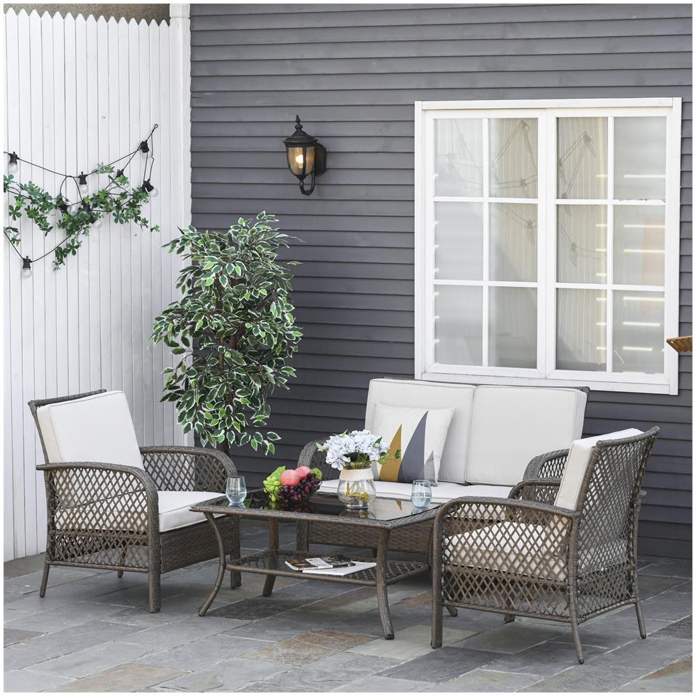 Set Mobili Da Giardino In Pe Rattan Marrone, Set Tavolino, Sedie E Divano Da Esterno 4pz Con Cuscini Imbottiti Cachi - Foto 3