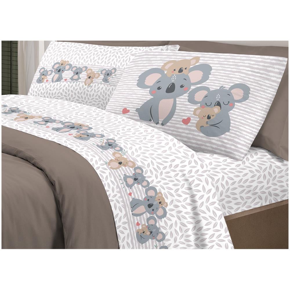 Completo Lenzuola Letto Pensieri Delicati 100% Cotone Dis. Koala Family Singolo Beige - Foto 1