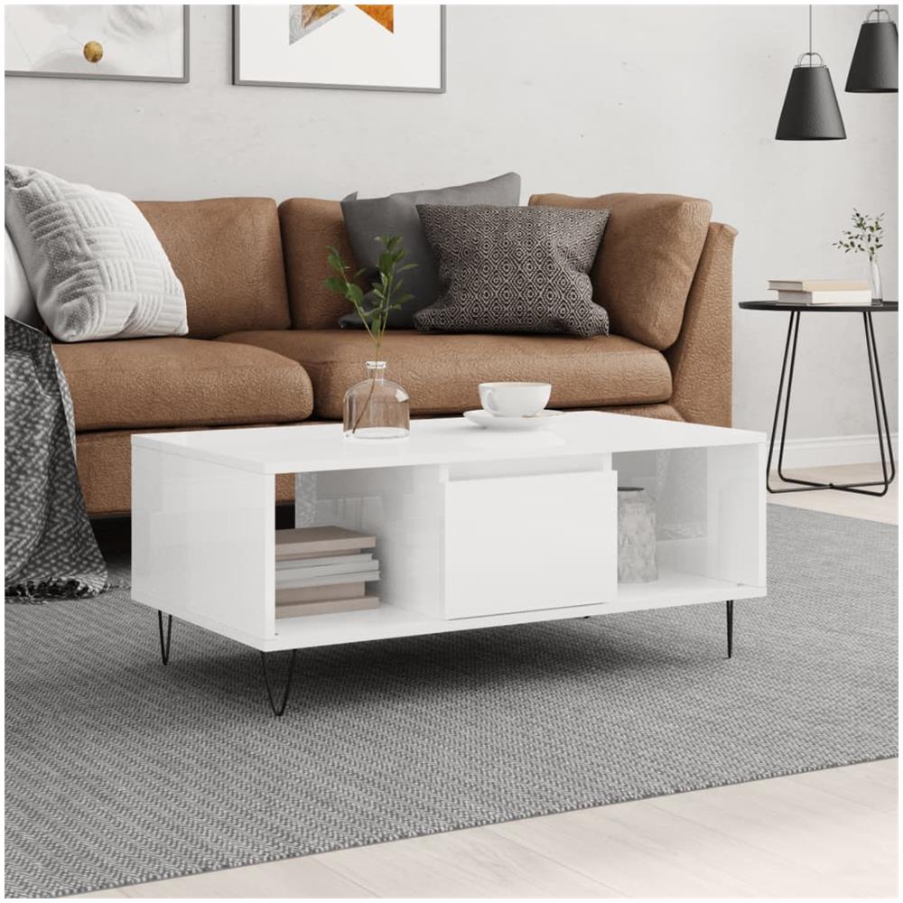 Tavolino Salotto Bianco Lucido 90x50x36,5 Cm Legno Multistrato - Foto 1
