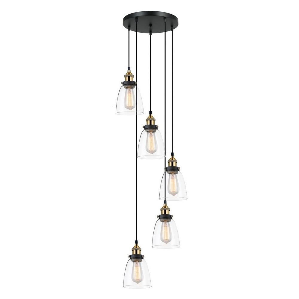 Lampada A Sospensione Industriale E Retrò Nera, Oro A 5 Luci Con Paralume Trasparente, Dimmerabile E27 - Foto 1