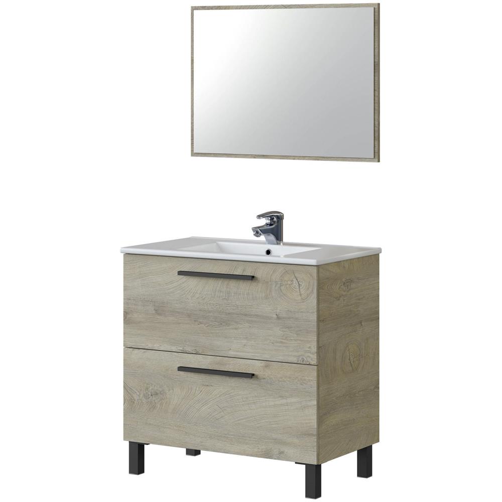 Mobile Sottolavabo Yonkers, Mobiletto Per Bagno A 2 Cassetti, Armadietto Sospeso Con Specchio, Lavabo Non Incluso, 80x45h80 Cm, Rovere - Foto 2