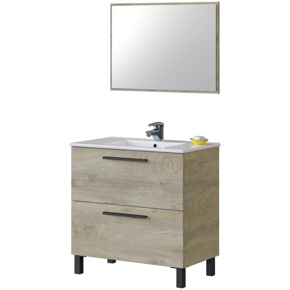 Mobile Sottolavabo Yonkers, Mobiletto Per Bagno A 2 Cassetti, Armadietto Sospeso Con Specchio, Lavabo Non Incluso, 80x45h80 Cm, Rovere - Foto 4