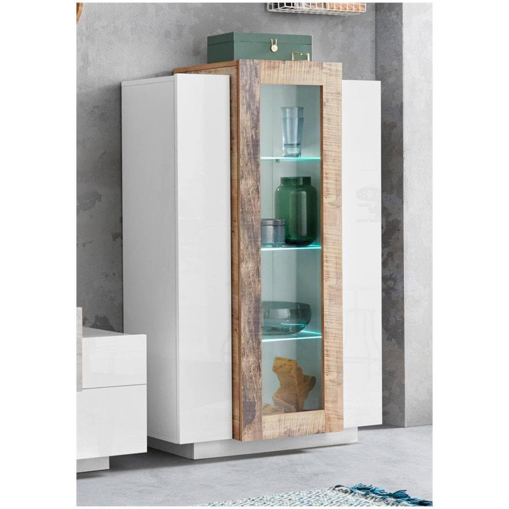 Vetrina Kevin, Credenza Con Tre Ante, Mobile Da Soggiorno Multiuso, 100% Made In Italy, Cm 80x38h121, Bianco Lucido E Acero - Foto 1