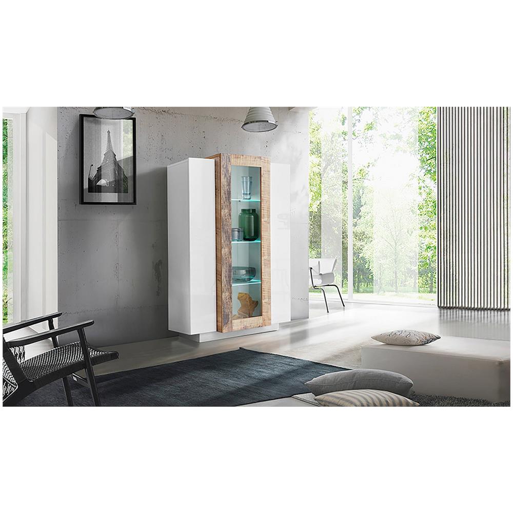 Vetrina Kevin, Credenza Con Tre Ante, Mobile Da Soggiorno Multiuso, 100% Made In Italy, Cm 80x38h121, Bianco Lucido E Acero - Foto 4