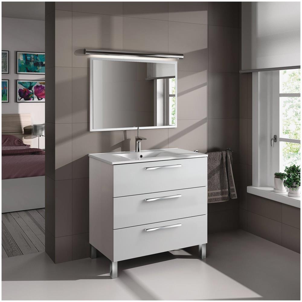 Mobile Sottolavabo Palmdale, Mobiletto Per Bagno, Armadio A 3 Cassetti E Specchio, Lavabo Non Incluso, 80x45h86 Cm, Bianco Lucido - Foto 1