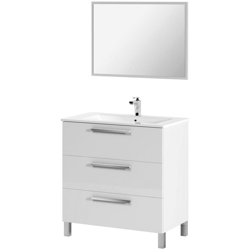 Mobile Sottolavabo Palmdale, Mobiletto Per Bagno, Armadio A 3 Cassetti E Specchio, Lavabo Non Incluso, 80x45h86 Cm, Bianco Lucido - Foto 2