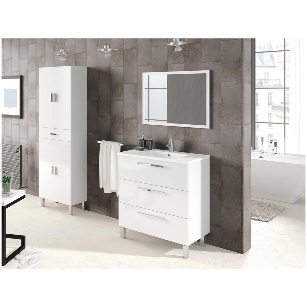Mobile Sottolavabo Palmdale, Mobiletto Per Bagno, Armadio A 3 Cassetti E Specchio, Lavabo Non Incluso, 80x45h86 Cm, Bianco Lucido - Foto 3