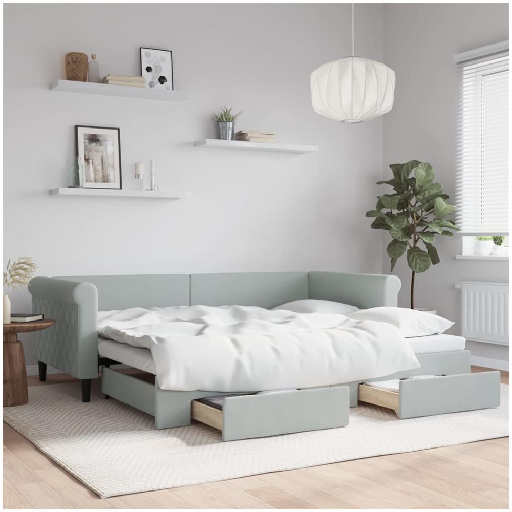 Divano Letto Estraibile Cassetti Grigio Chiaro 90x200cm Velluto - Foto 1