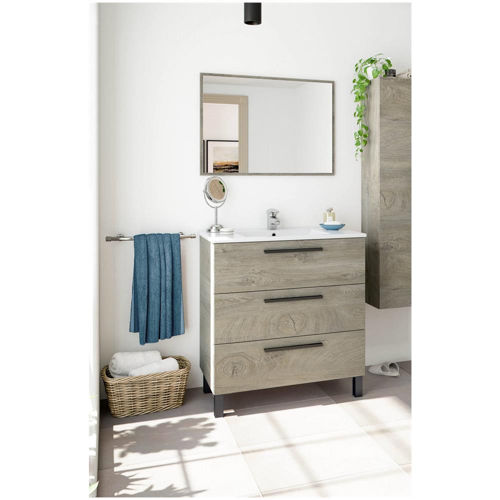 Mobile Sottolavabo Palmdale, Mobiletto Per Bagno, Armadio A 3 Cassetti E Specchio, Lavabo Non Incluso, 80x45h86 Cm, Quercia - Foto 1