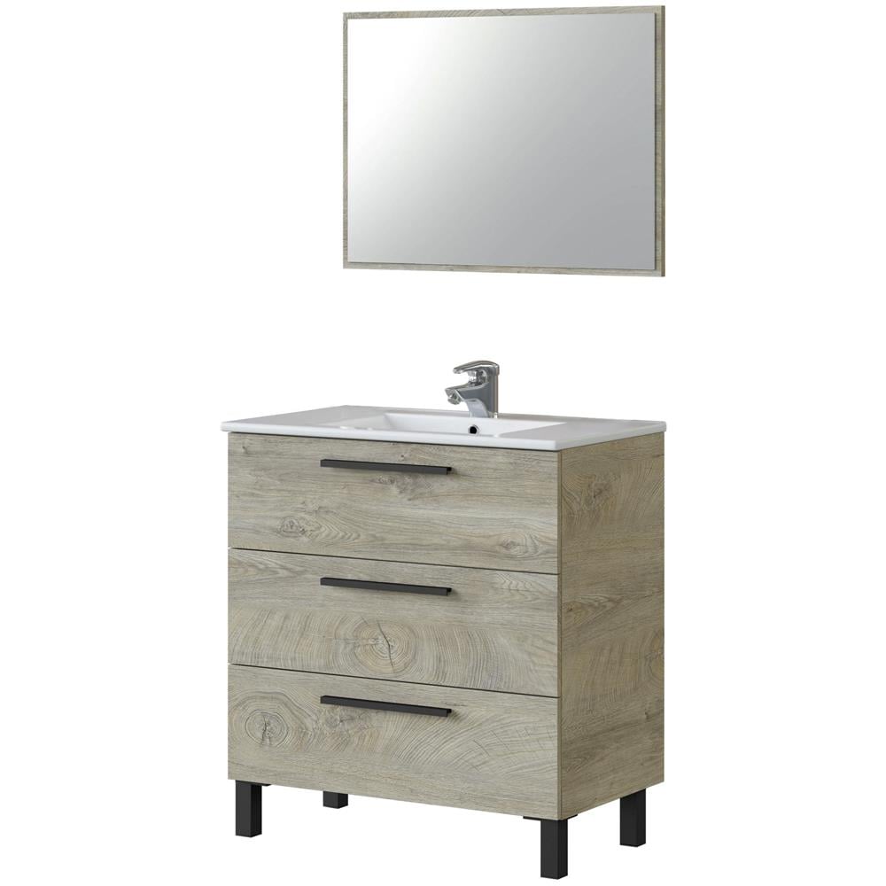Mobile Sottolavabo Palmdale, Mobiletto Per Bagno, Armadio A 3 Cassetti E Specchio, Lavabo Non Incluso, 80x45h86 Cm, Quercia - Foto 2