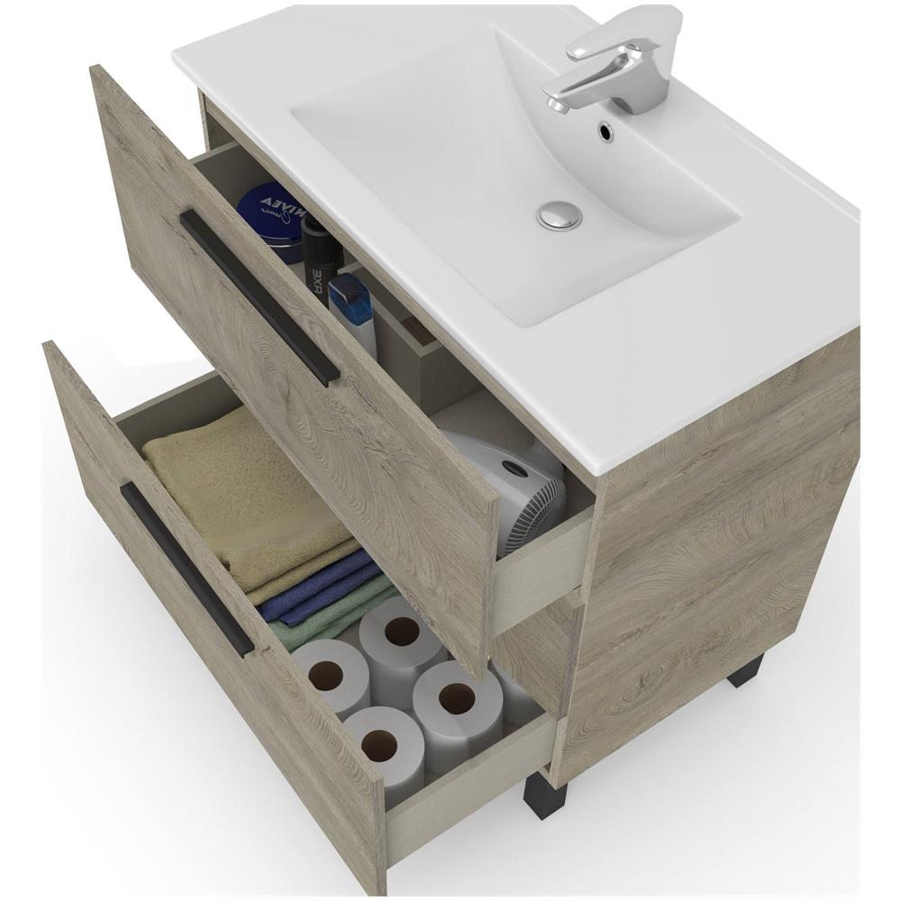Mobile Sottolavabo Palmdale, Mobiletto Per Bagno, Armadio A 3 Cassetti E Specchio, Lavabo Non Incluso, 80x45h86 Cm, Quercia - Foto 4
