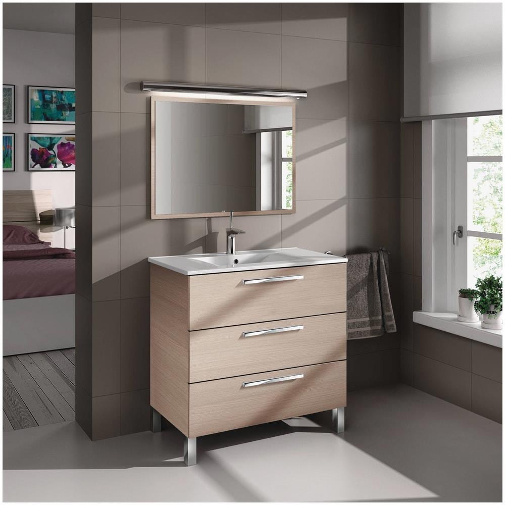 Mobile Sottolavabo Palmdale, Mobiletto Per Bagno, Armadio A 3 Cassetti E Specchio, Lavabo Non Incluso, 80x45h86 Cm, Rovere - Foto 1