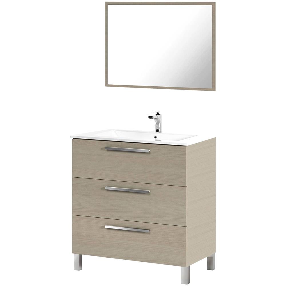 Mobile Sottolavabo Palmdale, Mobiletto Per Bagno, Armadio A 3 Cassetti E Specchio, Lavabo Non Incluso, 80x45h86 Cm, Rovere - Foto 2