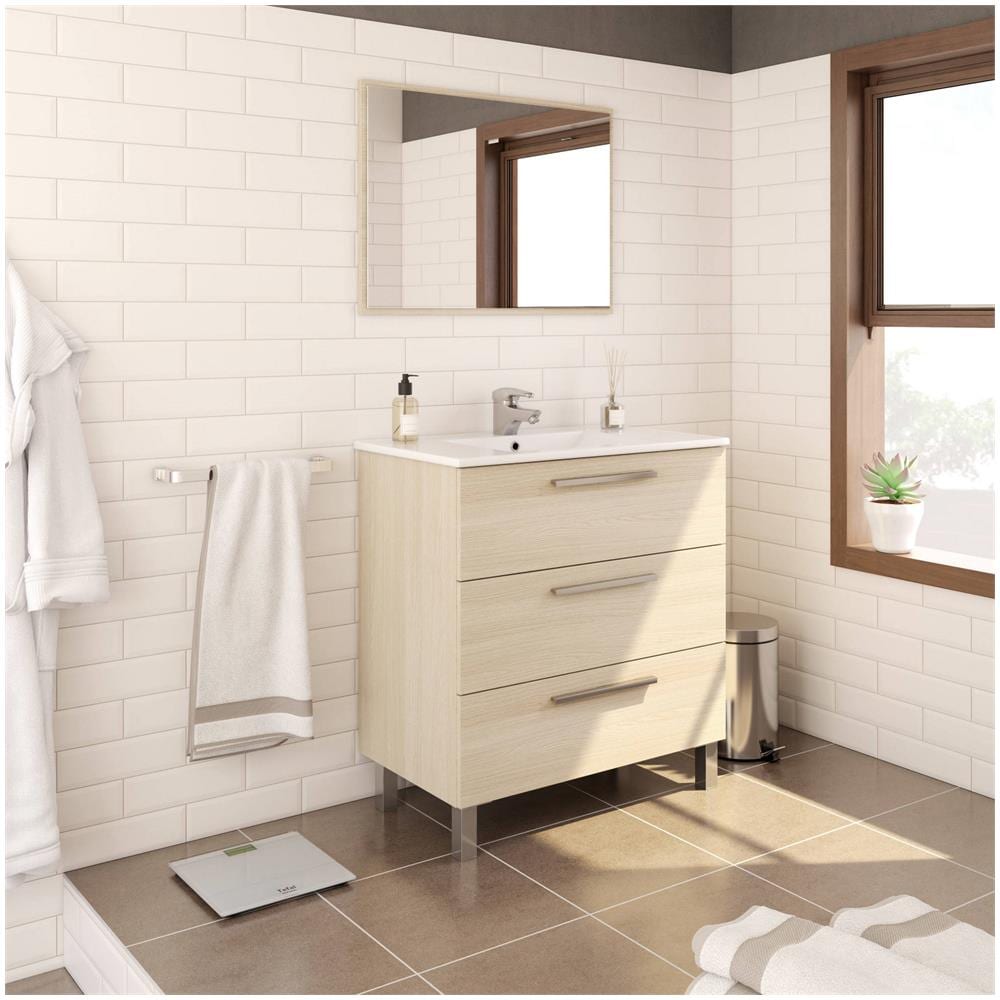 Mobile Sottolavabo Palmdale, Mobiletto Per Bagno, Armadio A 3 Cassetti E Specchio, Lavabo Non Incluso, 80x45h86 Cm, Rovere - Foto 4