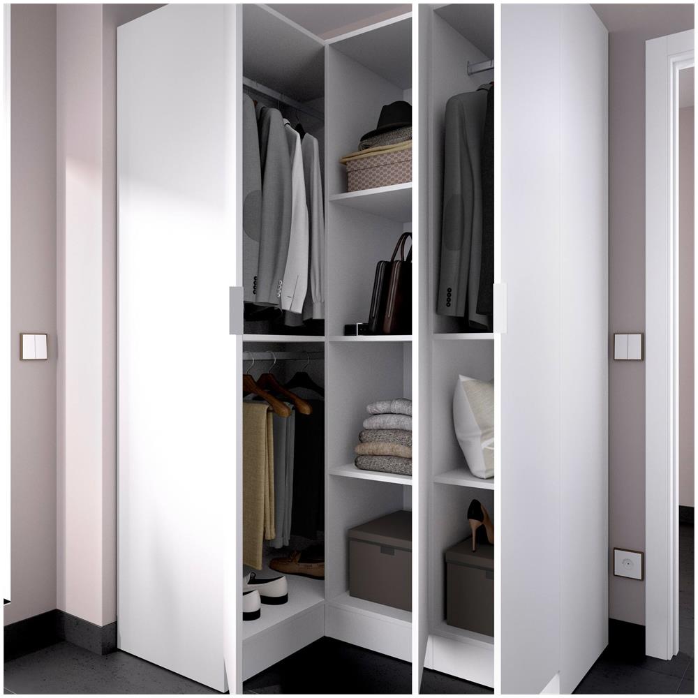 Guardaroba Meru, Mobile Angolare Per Camera Da Letto, Armadio Appendiabiti Ad Angolo A 3 Ante Battenti, 133x91h184 Cm, Bianco - Foto 4
